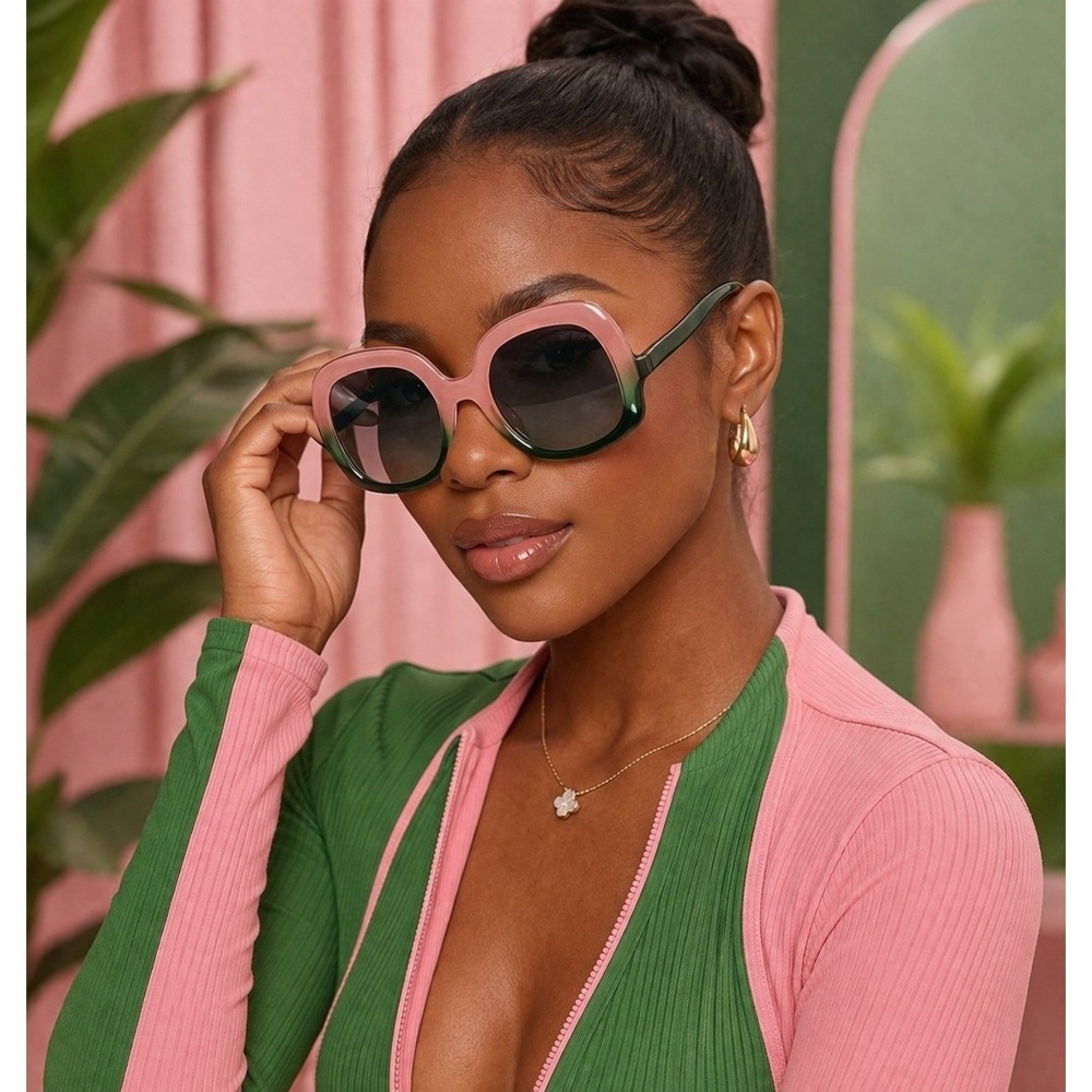 Womens Oversized Square Sunglasses Pink Green Gradient Frame Retro Shades